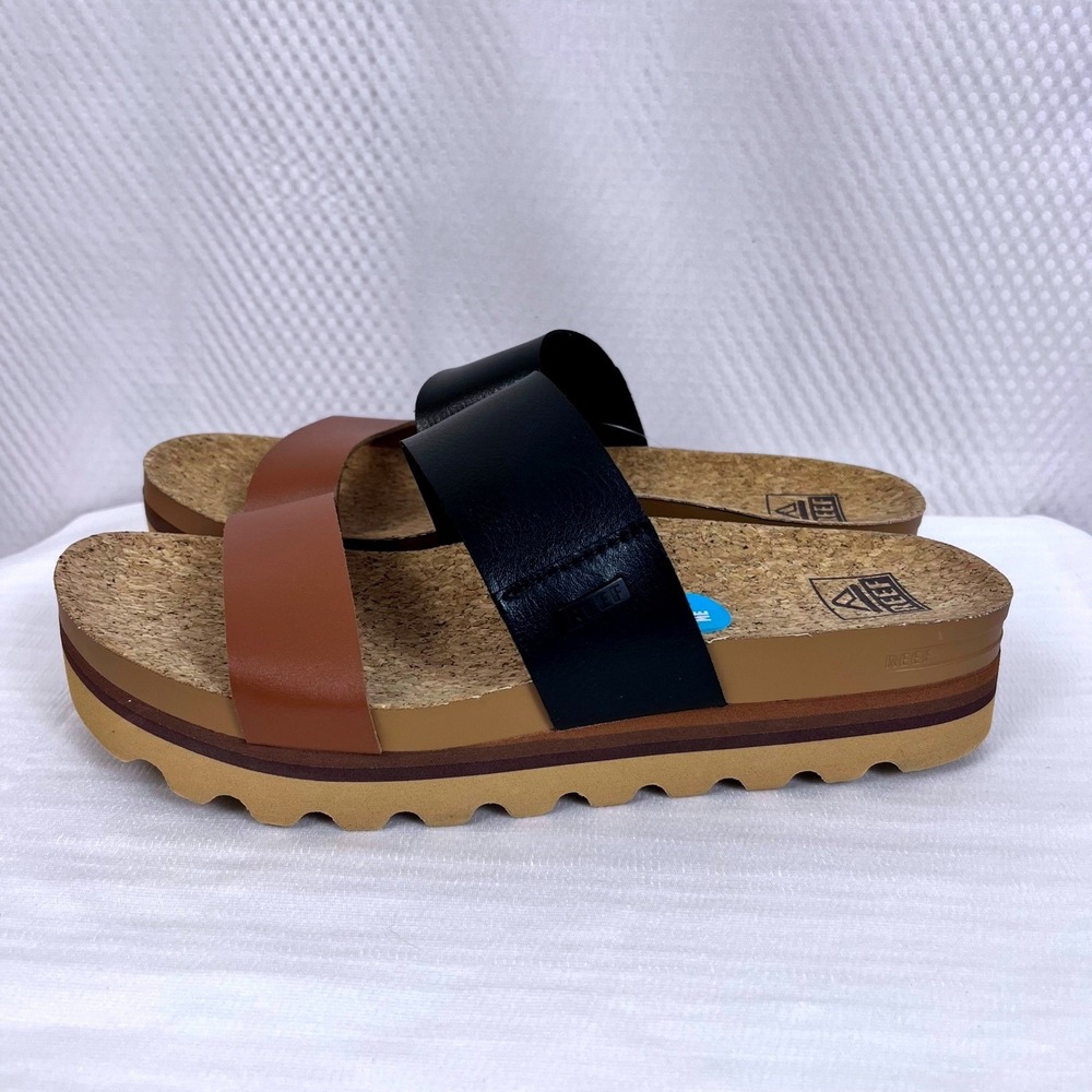 NWT: Reef Cushion Vista Hi Platform Cork Sandals US 9 Tan Black Comfort